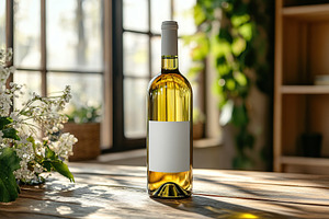 Elegant white wine bottle with blank label placed on wooden tabl, a Food & Drink Photo by AlyaAnd