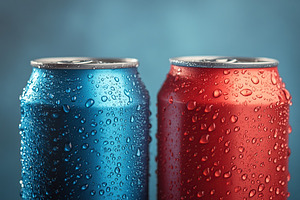 Blue and red aluminum cans with water drops, a Food & Drink Photo by AlyaAnd