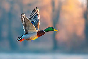 Mallard duck in flight over a serene landscape at dawn, a Photo by AlyaAnd