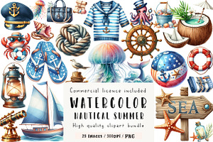 Watercolor Nautical Summer Clipart, an Illustration by CreationArt