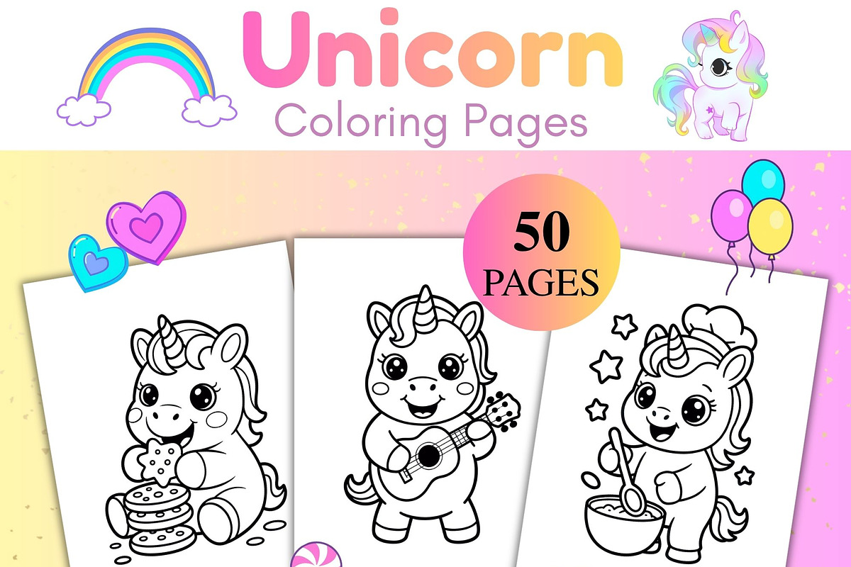 50 Unicorn Coloring Pages for Kids, an Animal Illustration by SimoDigitalArt (Photo 1 of 5)