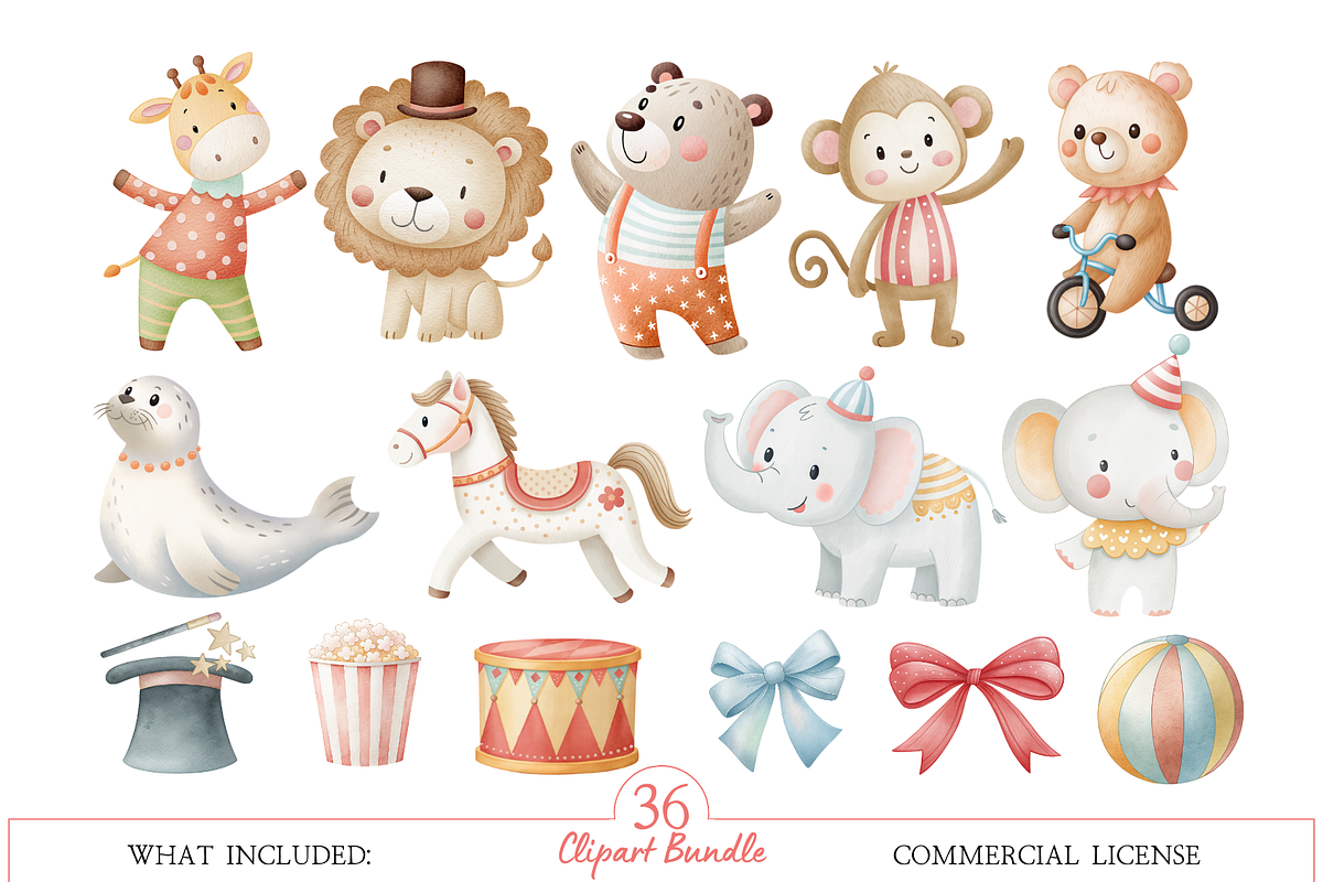 Watercolor Animal Circus Clipart Set, an Illustration by MockupWizard (Photo 3 of 6)