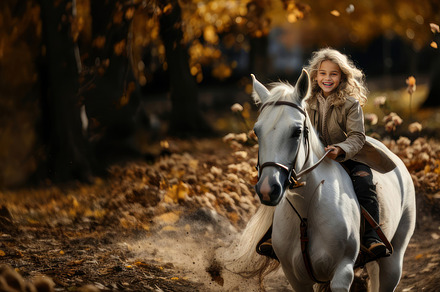 Joyful Little Girl Riding Horse in Autumn Forest with Golden Leaves, a Photo by AS photostudio