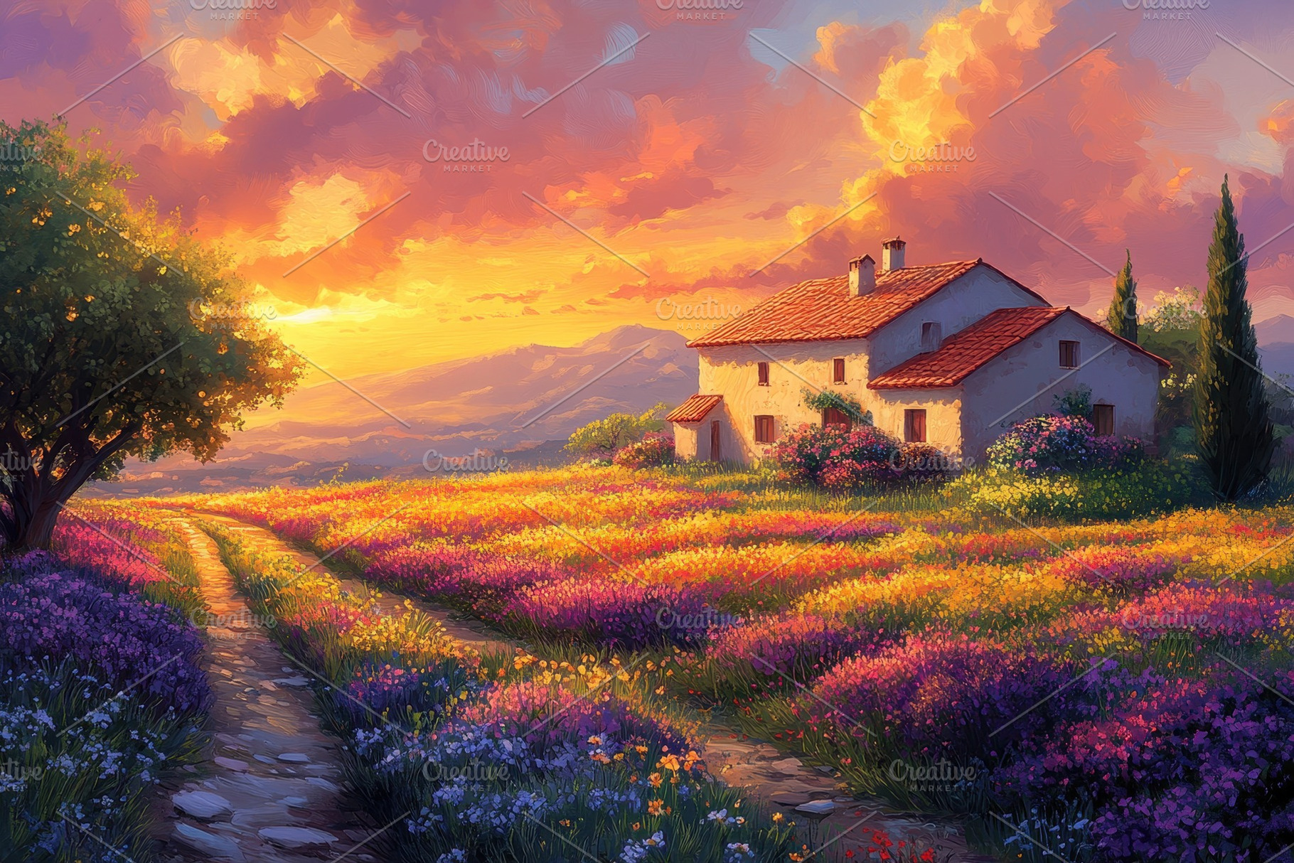 Vibrant sunset over a lavender field, a Photo by Tanuart