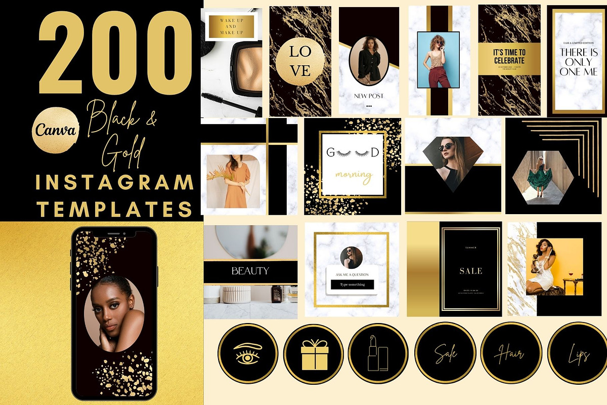 200 Black Gold Instagram Templates,, a Social Media Template by MORION (Photo 1 of 7)