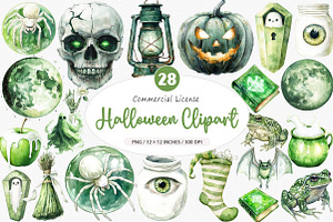 Green & White Halloween Clipart, an Illustration by SinaCreation