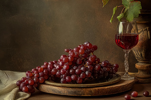 Still life composition with red grapes, a glass of red wine, and vine leaves in, a Food & Drink Photo by Studio ANNA