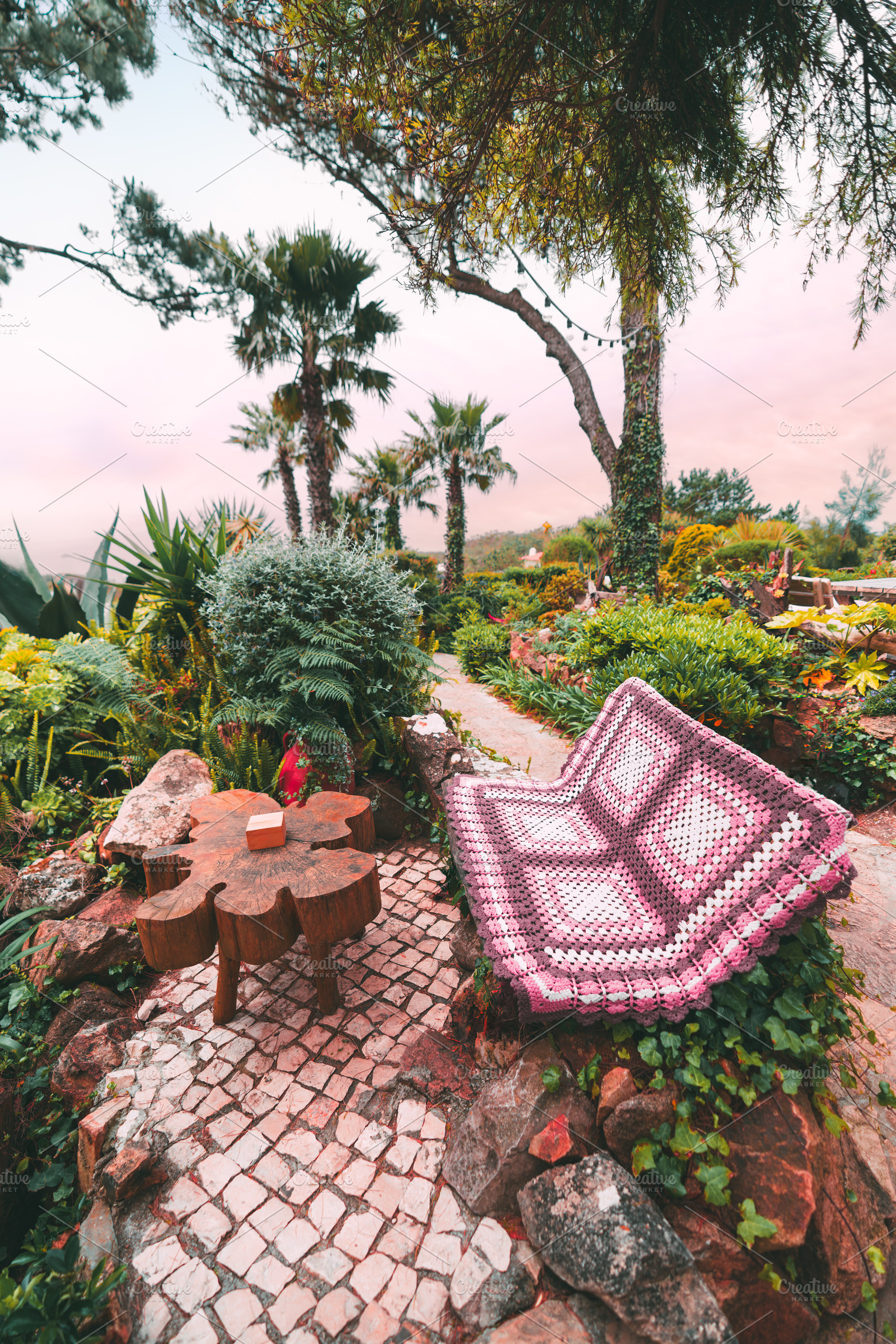 Garden bench with crochet blanket, a Sports & Recreation Photo by SkyNext