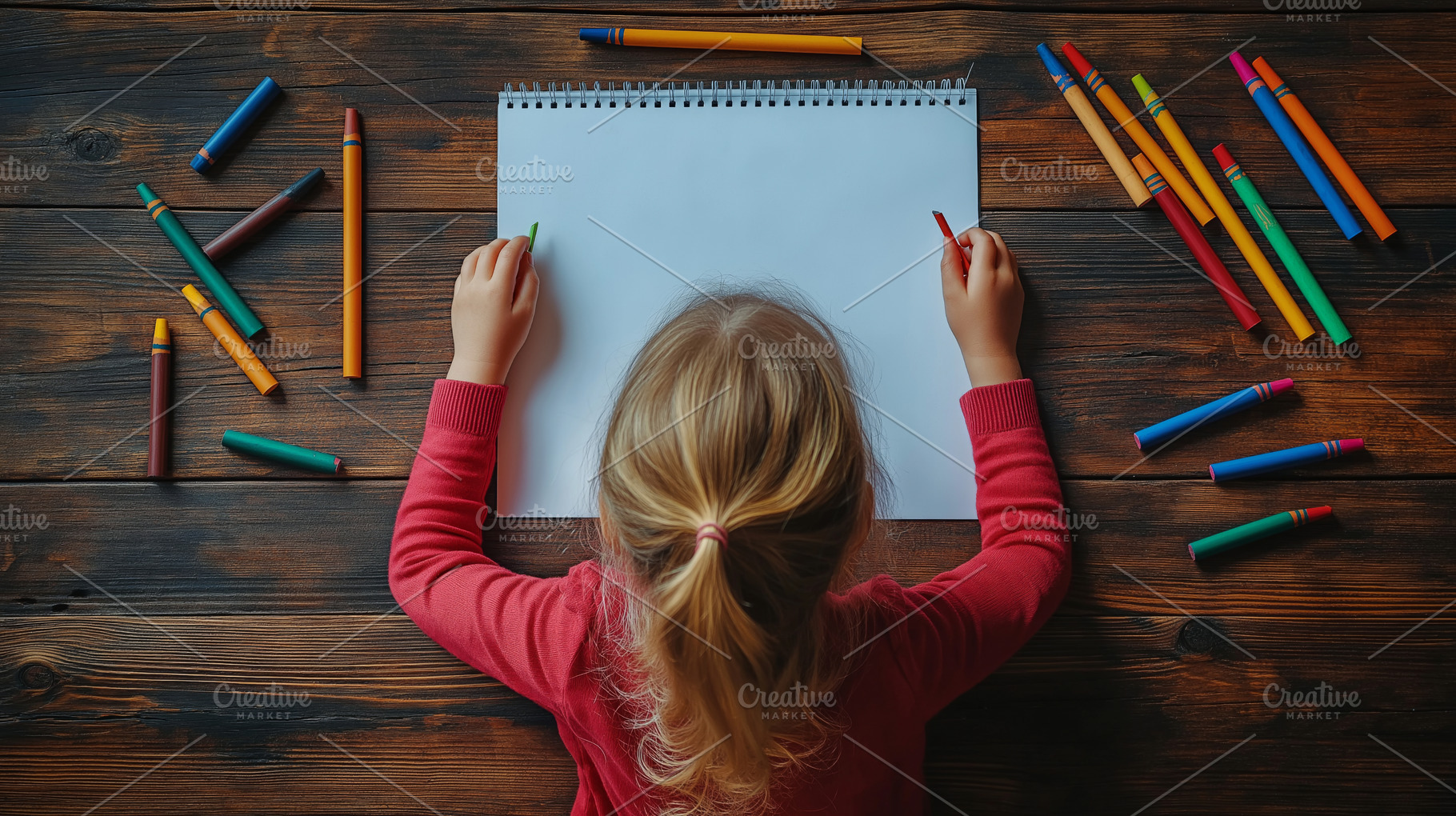 A young girl with blonde hair sits at a rustic wooden table, ready to draw with, a Person Photo by ImageMir