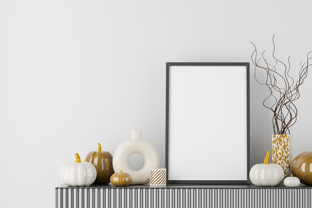 Picture frame mock up. Fall pumpkins, a Print Template by mockups & photos