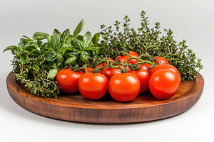 Fresh tomatoes on rustic platter, a Photo by Pavel_design