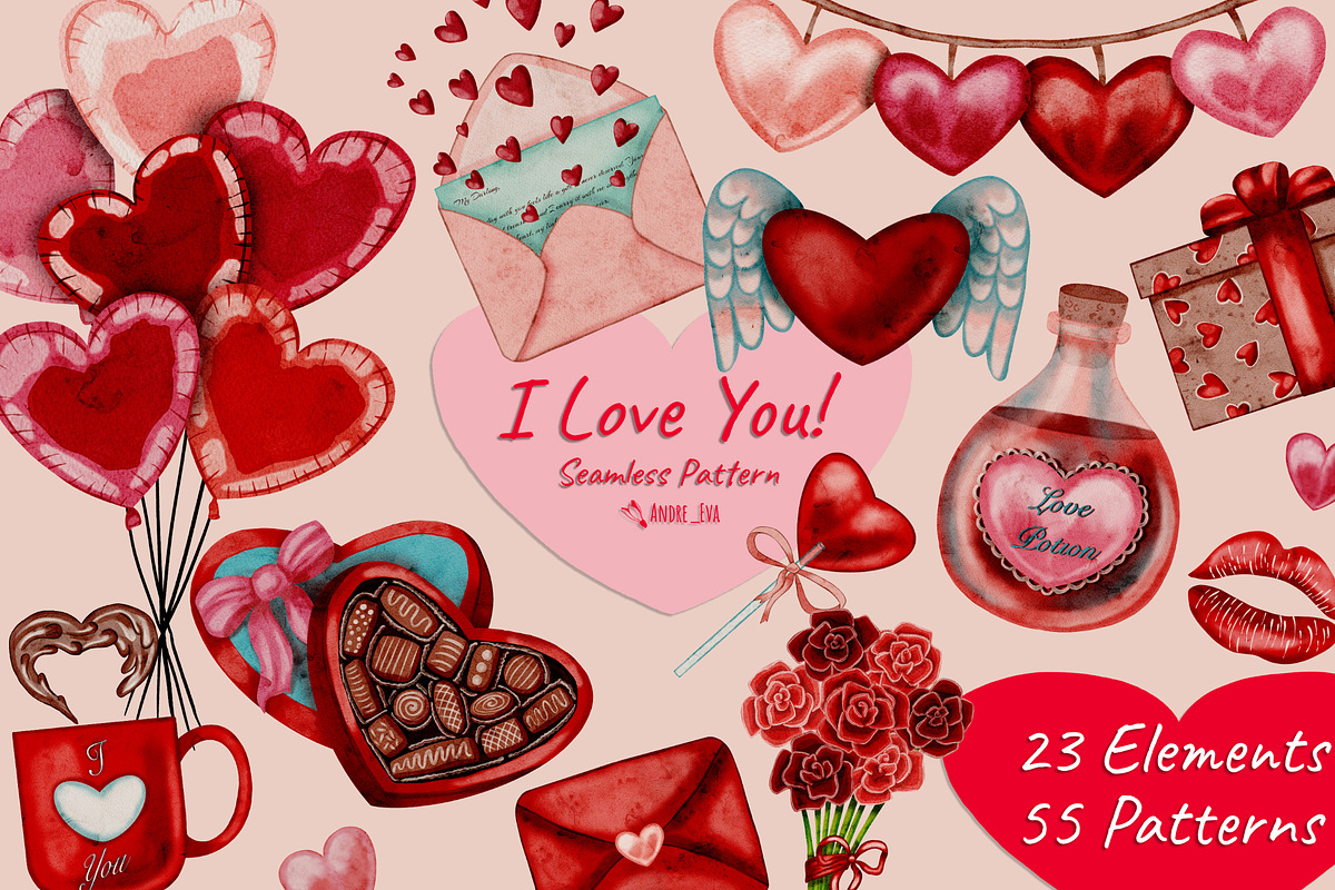 I Love You (seamless pattern), a Decorative Illustration by Andre_Eva (Photo 1 of 10)