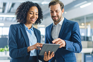 Coworkers pointing at a tablet and smiling, symbolizing knowledg, a School & Education Photo by DanFLCreativo