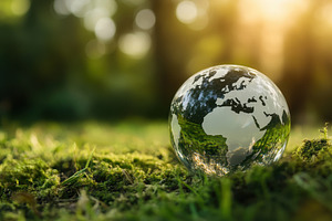 Glass globe resting on green moss, s, a Photo by Iftikhar Alam