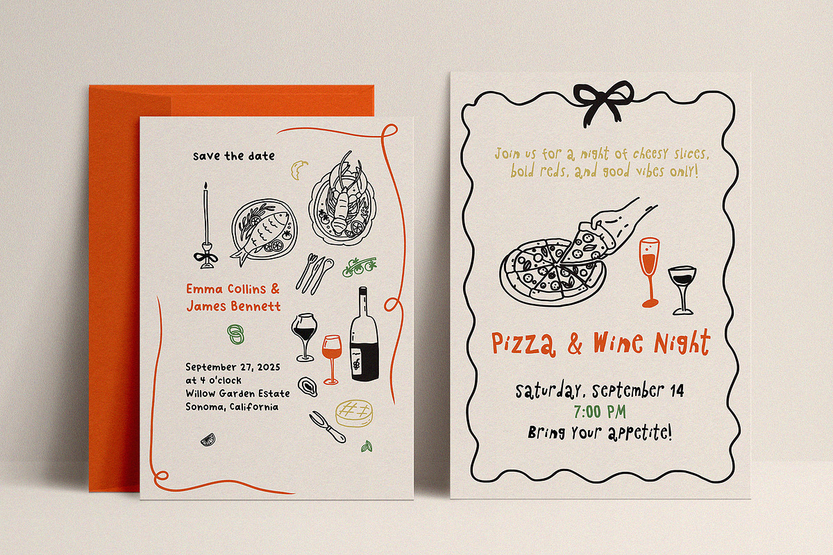 Whimsical Pizza & Wine Party set, a Food Illustration by Madiwaso (Photo 8 of 11)