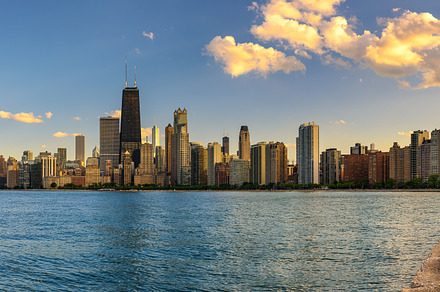 Chicago skyline at sunset viewed from north avenue beach containing north, an Architecture Photo by Nick Fox