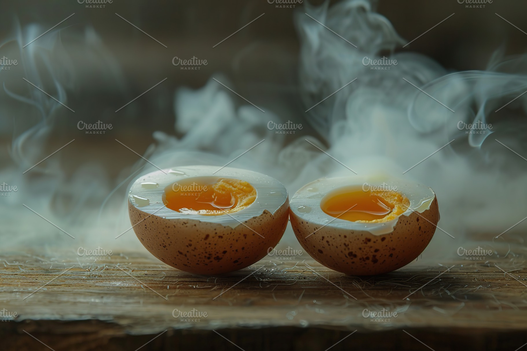 Hot boiled eggs with steam on wooden table, a Food & Drink Photo by AlyaAnd