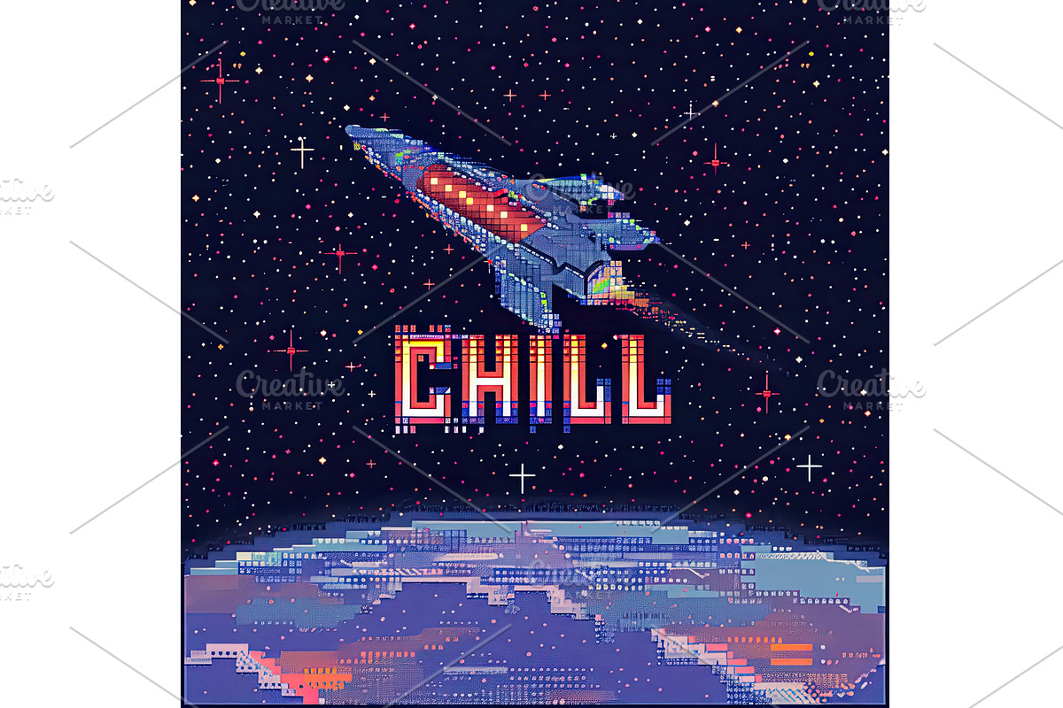 pixel art rocket in space with text, an Illustration by Lermont51