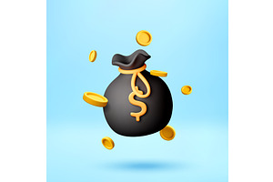 3D Money bag with floating gold, a Finance Illustration by Abscent