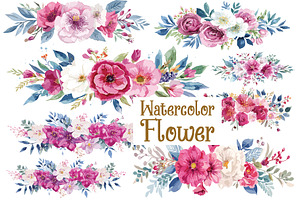 Pink Watercolor Floral Set, an Illustration by balal