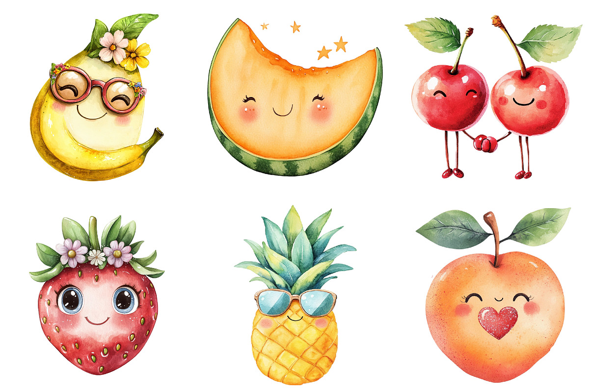 Cute Fruit Clipart,Kawaii Fruits png, an Illustration by Watercolor design (Photo 3 of 5)