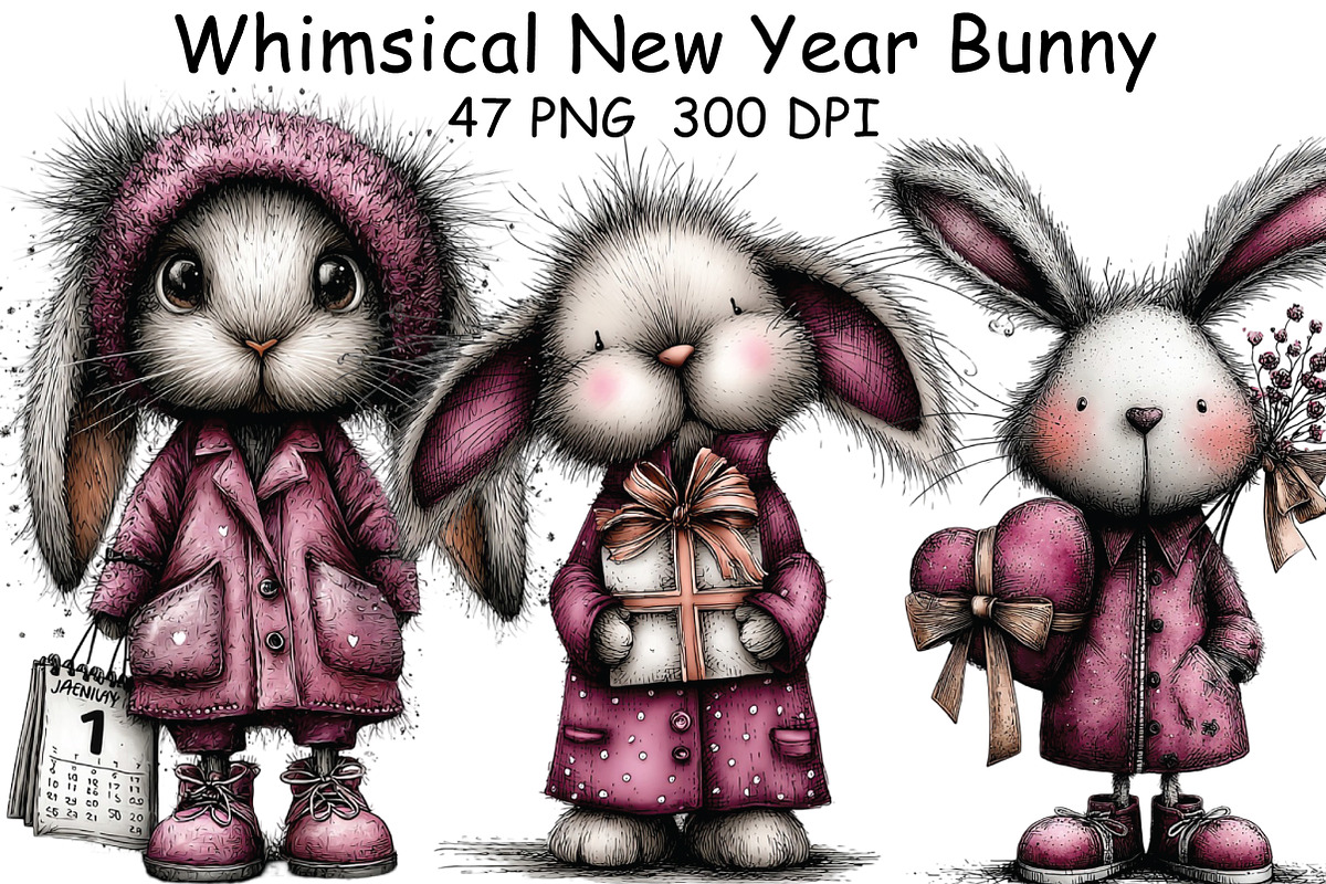 Whimsical New Year Bunny Clipart, an Illustration by CraftArtStudio (Photo 1 of 6)