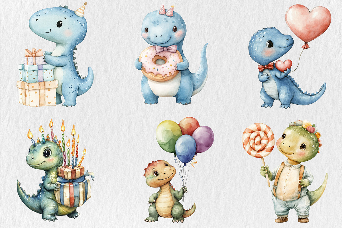 Cute Dinosaur Birthday Watercolor, a Seasonal Illustration by Rose Art (Photo 2 of 4)