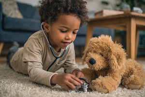 Kid plays doctor with toy, a Photo by Beautiful things