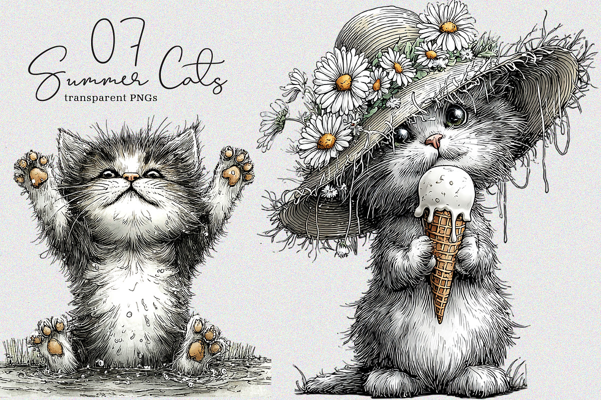 Whimsical Summer Cats Clipart, an Illustration by SinaCreation (Photo 1 of 7)