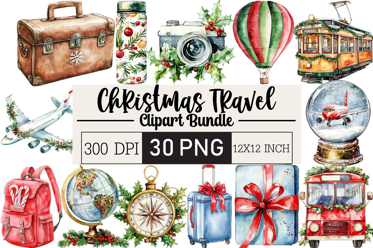 Christmas Travel Watercolour Clipart, an Illustration by Black Bird Studio (Photo 1 of 6)