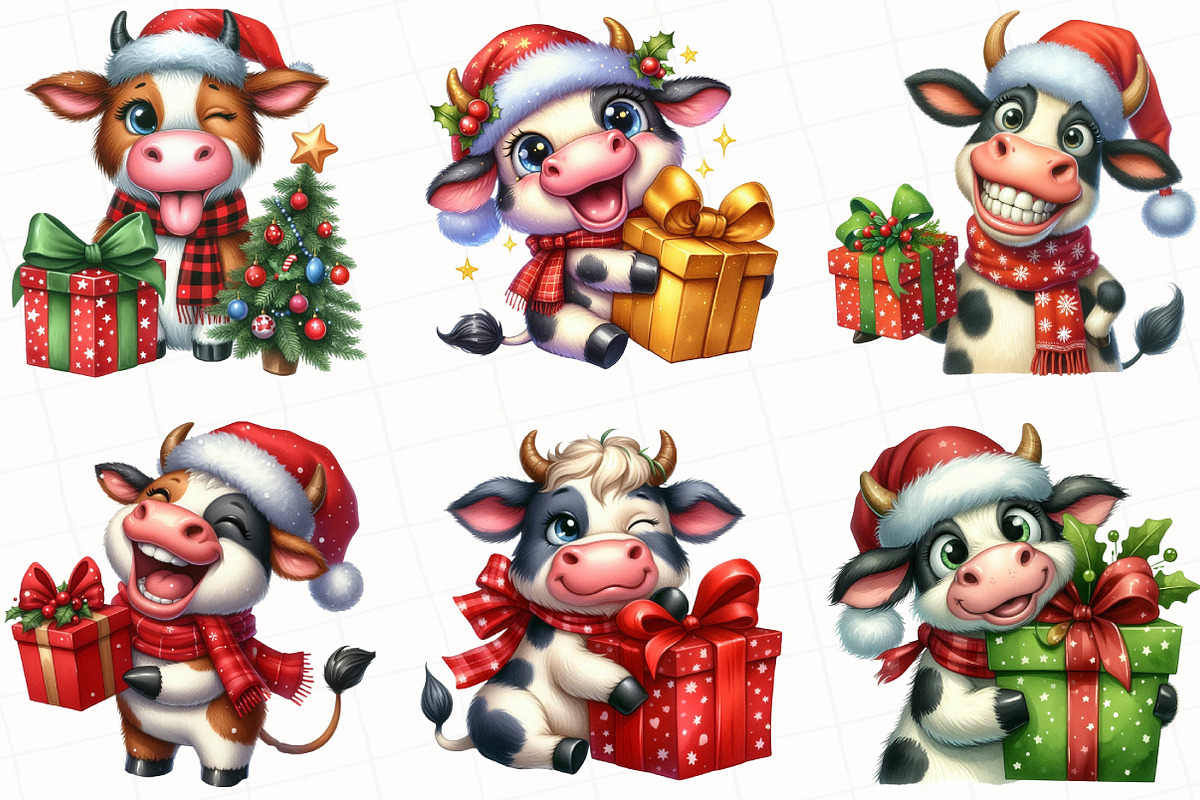 Christmas Funny Cow Clipart, an Illustration by OK Design (Photo 5 of 5)