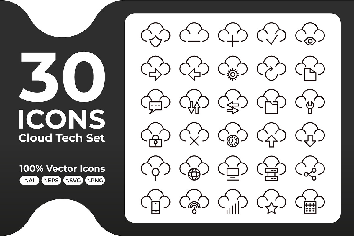 30 Icons Cloud Tech Set, an Outline Icon by romanlypovyi (Photo 1 of 3)