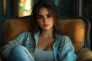Young woman seated in a vintage chai, a Photo by Tanuart