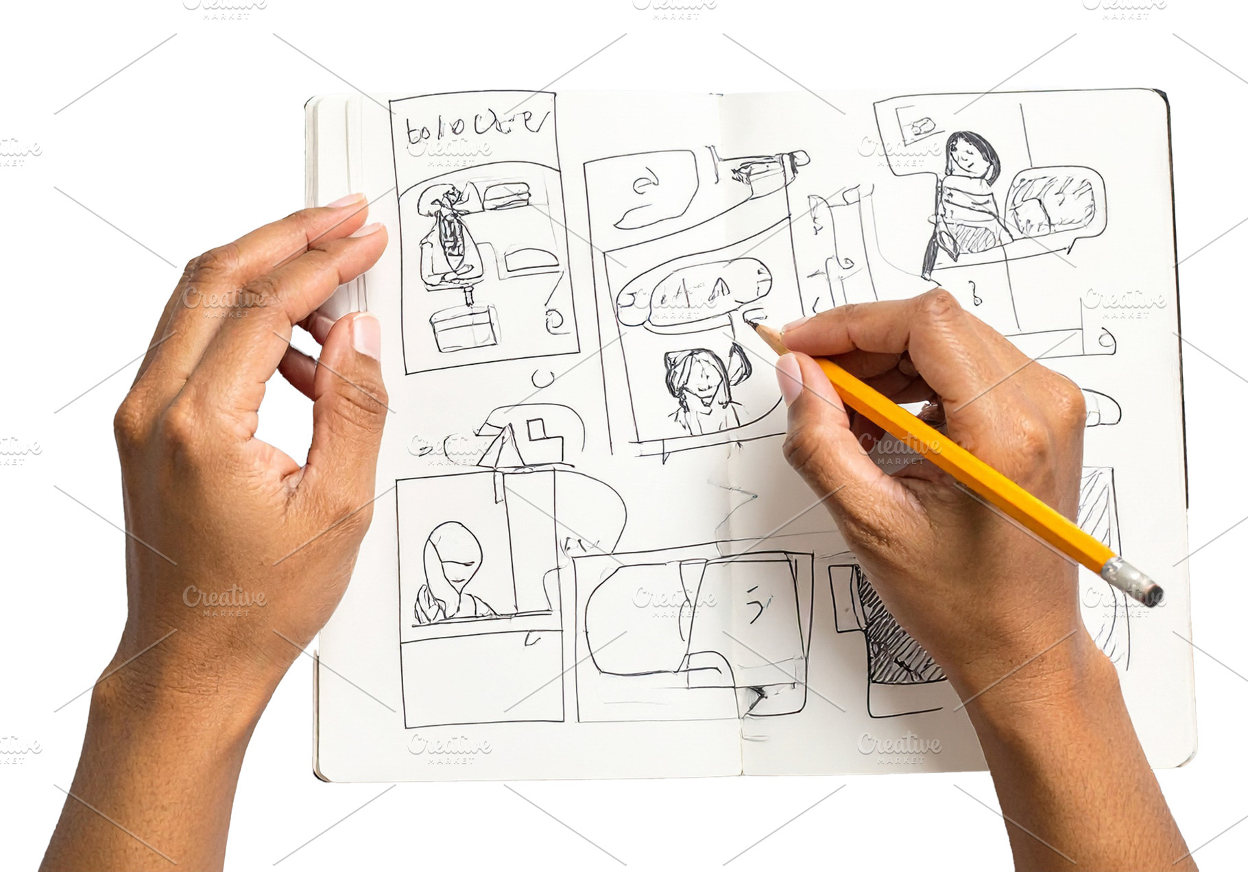 Persons hands drawing a storyboard in a notebook, an Arts & Entertainment Photo by DanFLCreativo
