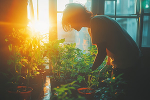 Gardener tending to plants indoors d, a Photo by Tanuart