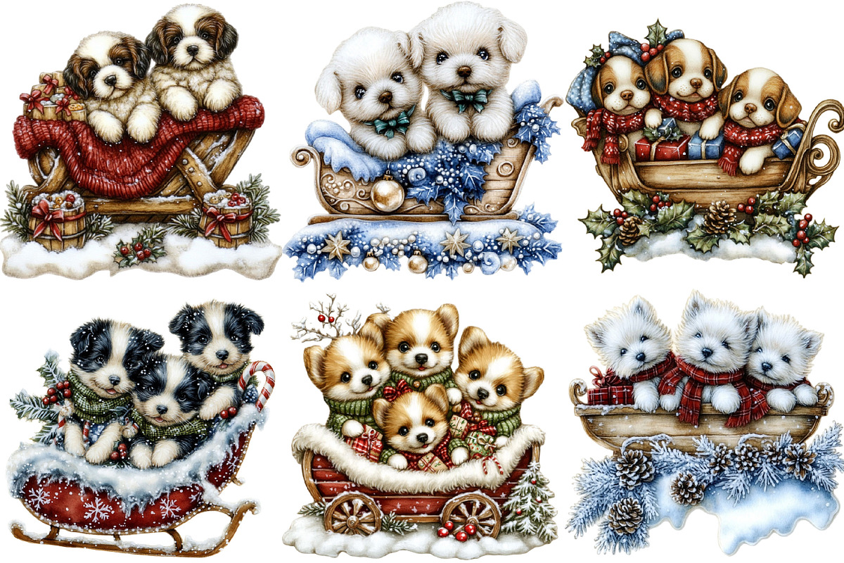 Whimsical Christmas Puppies Sleigh, a Seasonal Illustration by SVGArt (Photo 4 of 5)