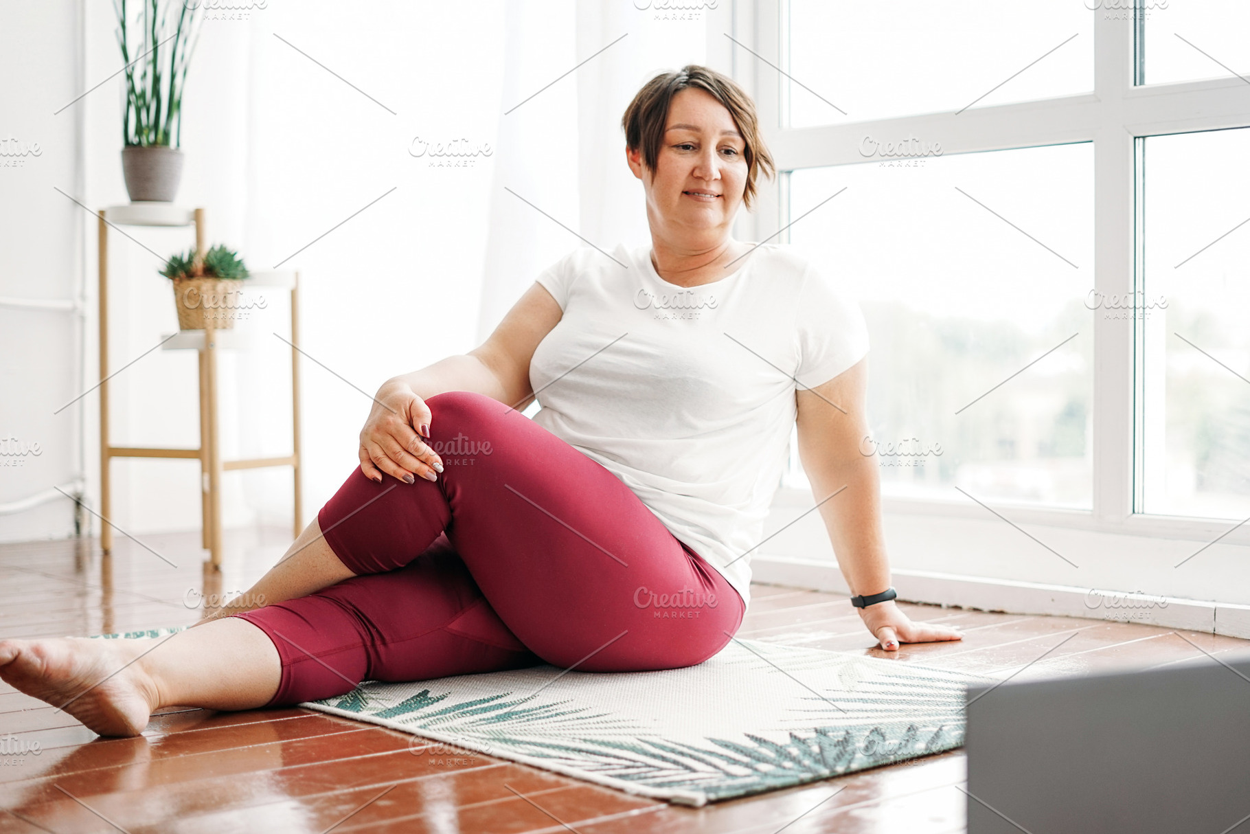 Adult woman plus size practice yoga stock photo containing overweight and, a Sports & Recreation Photo by Galina_Zhigalova