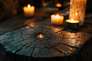 A warm ambiance with glowing candles scattered on a rustic wooden surface, crea, a Background Photo by ImageMir