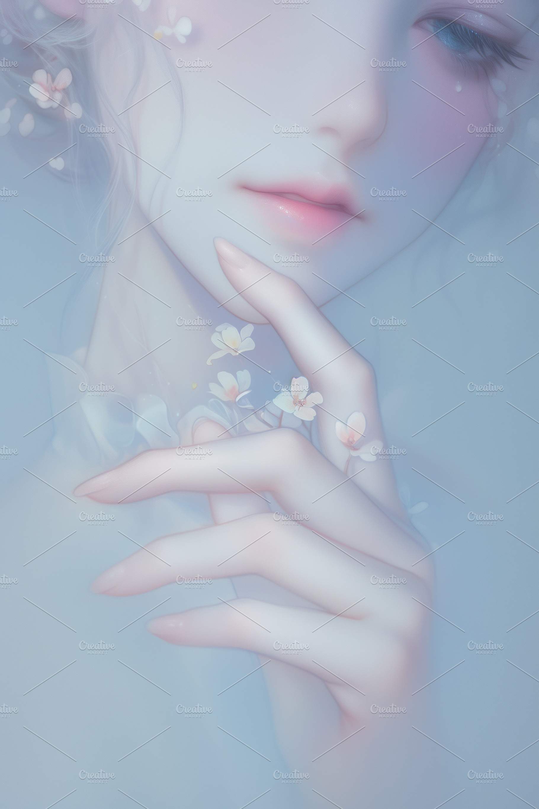A close-up of a delicate, ethereal figure with soft features and pastel colors., a Photo by Textures & Backgrounds