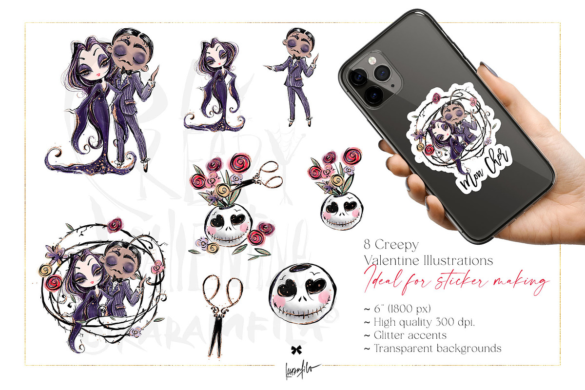 Whimsical Gothic Valentine Clipart, a Seasonal Illustration by KaramfilaS (Photo 2 of 8)