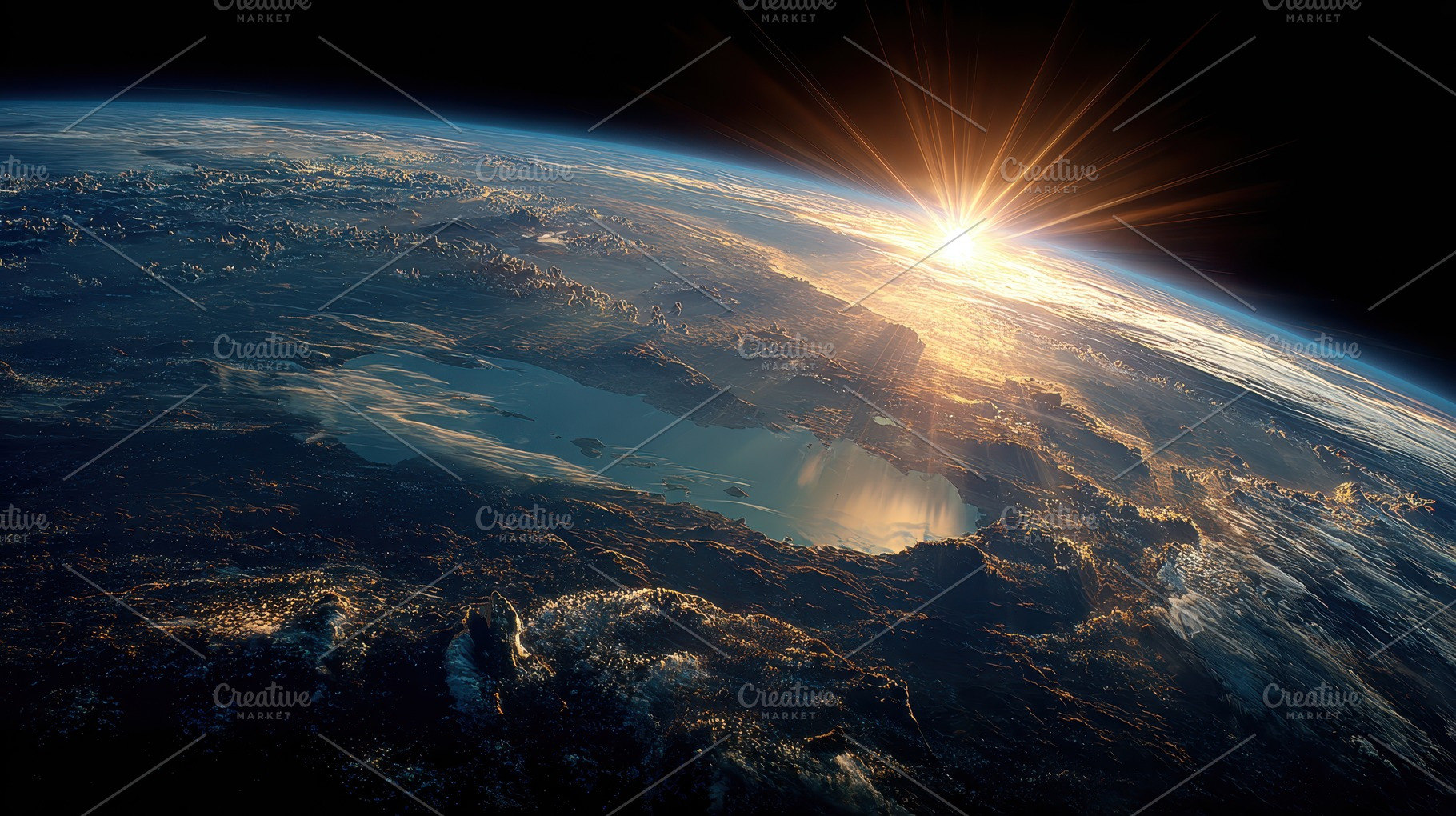 Earth sunrise view from space majest, a Photo by Pixeness Studio