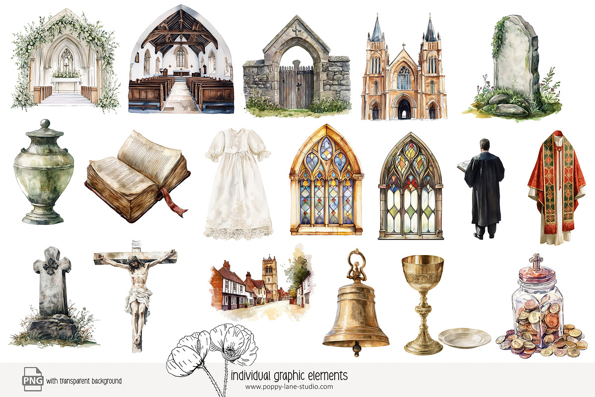 115 watercolour church clip art, an Object Illustration by Poppy Lane Studio (Photo 3 of 11)