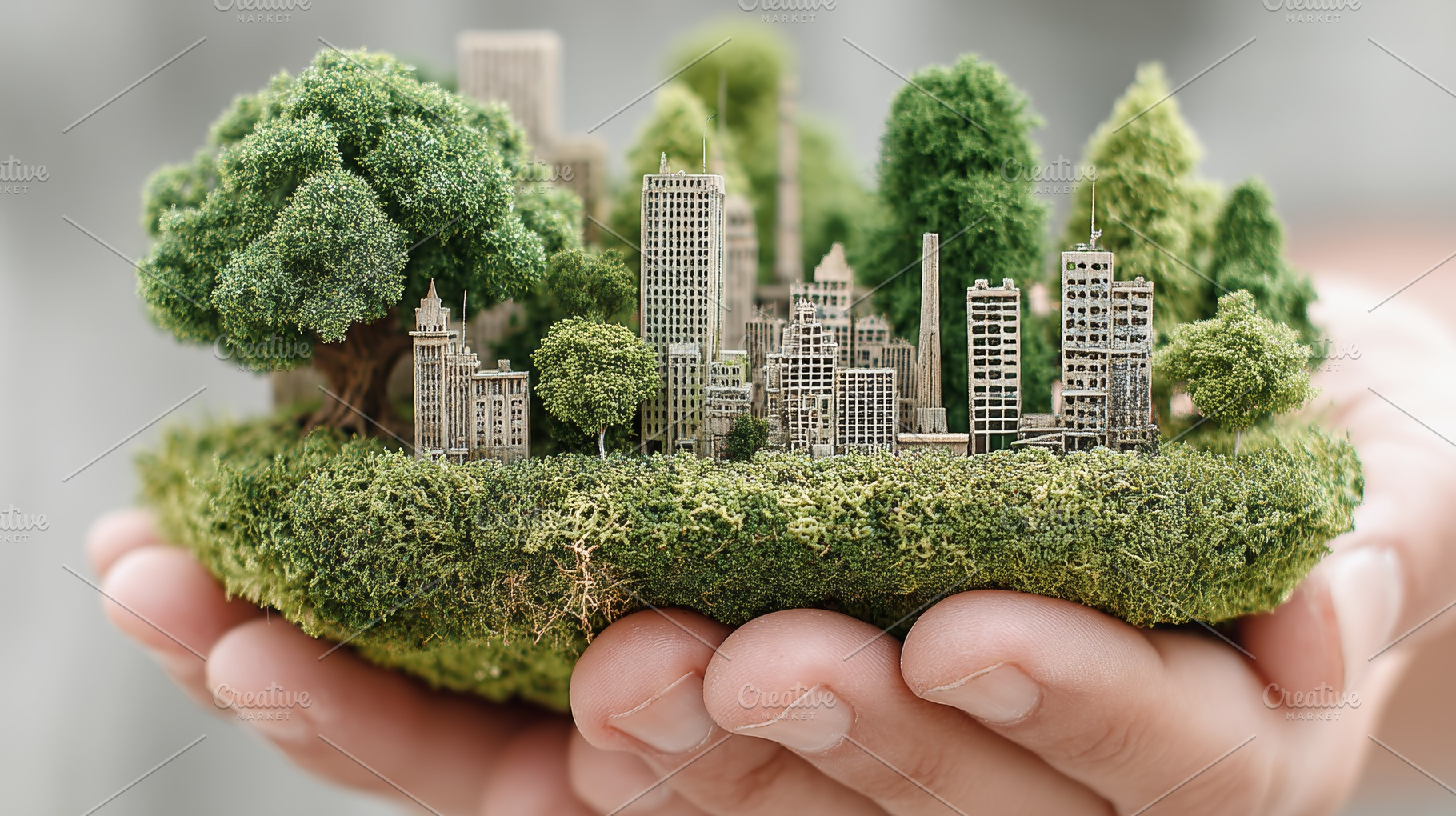 Handheld miniature green city representing sustainable business, urban ecology,, a Photo by AS photostudio