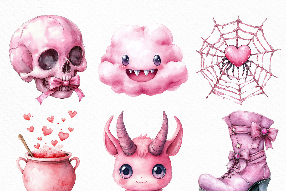 Kawaii Pink Halloween Clipart Bundle, an Illustration by Craft Nest (Photo 2 of 6)