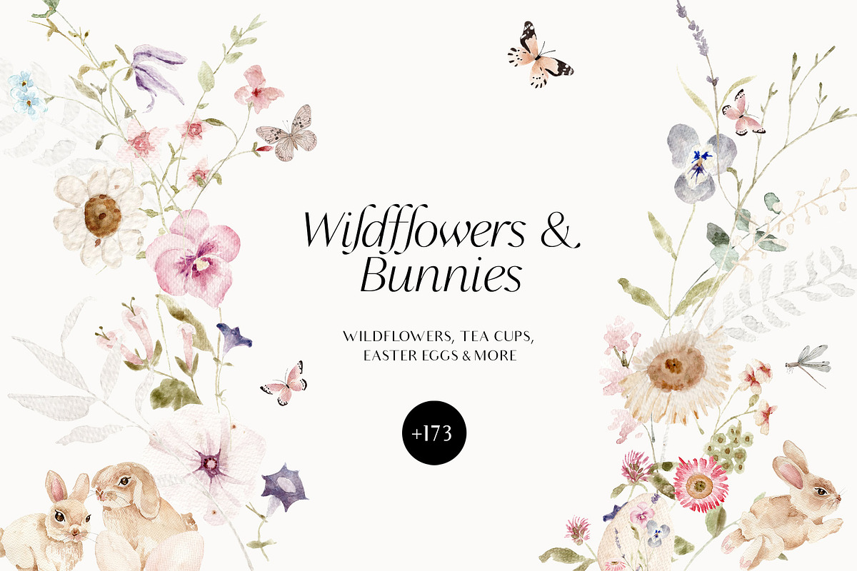 Watercolor wildflowers & Bunnies Set, a Graphic by Grace Noboa Illustrations (Photo 1 of 14)