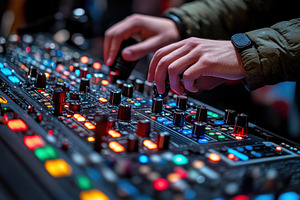 Hands control colorful knobs and sli, a Photo by Tanuart