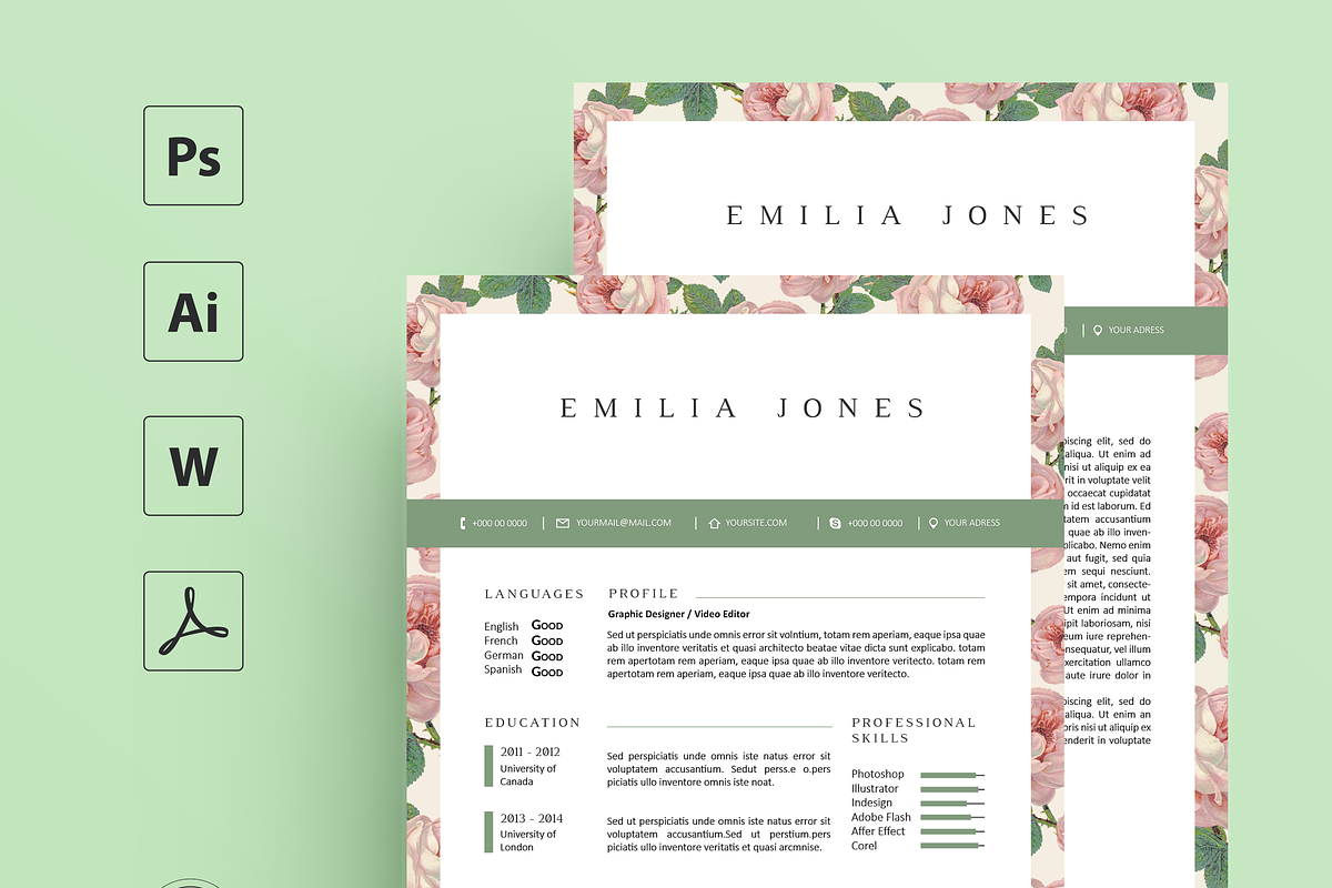 Floral Resume Template / CV template, a Resume Template by MH Design Template (Photo 3 of 4)