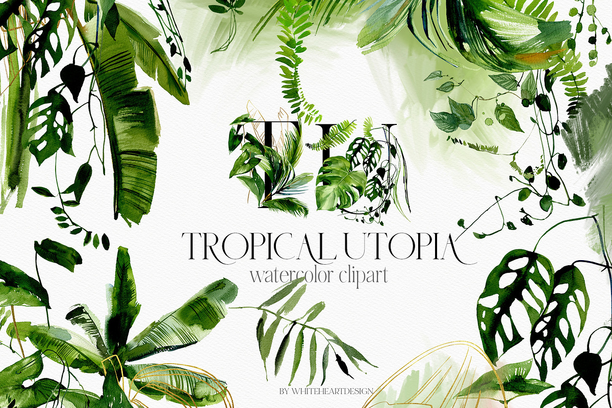Tropical Greenery Watercolor Clipart, an Illustration by whiteheartdesign (Photo 1 of 22)
