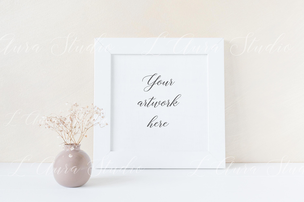 Square frame mockup - floral white, a Print Template by L'Aura Studio