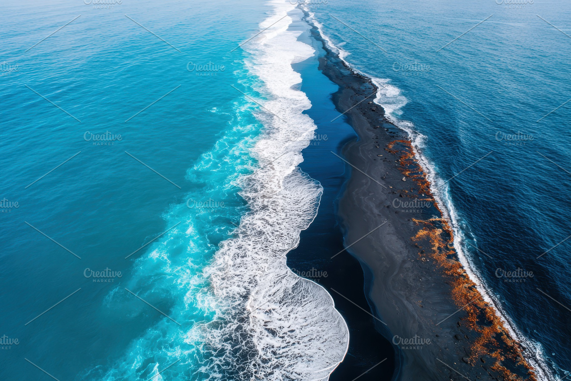 Aerial black sand spit dividing turquoise and deep blue seas, a Nature Photo by AlyaAnd